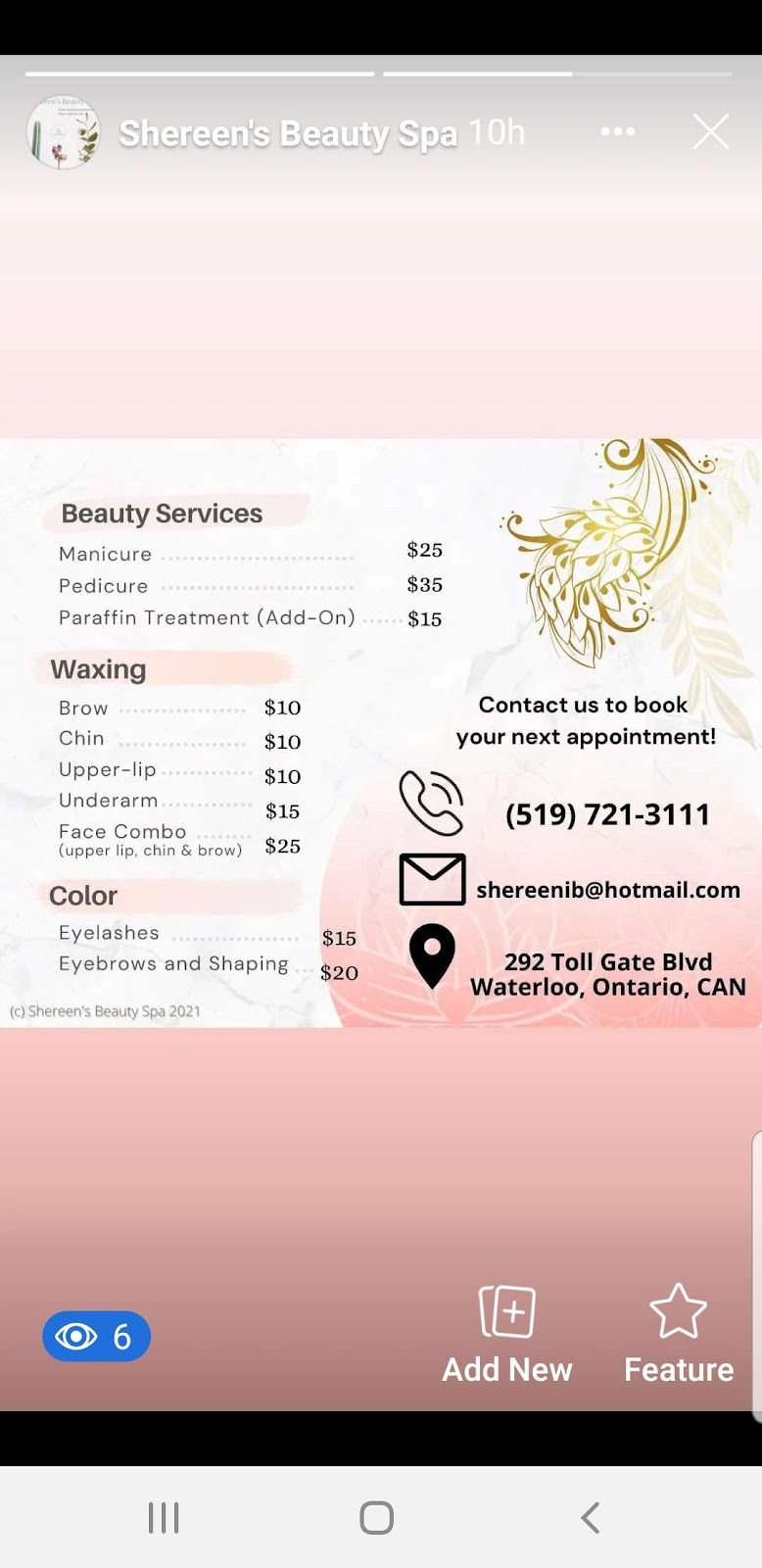 Shereens Beauty Spa | 292 Toll Gate Blvd, Waterloo, ON N2L 4M4, Canada | Phone: (519) 721-3111