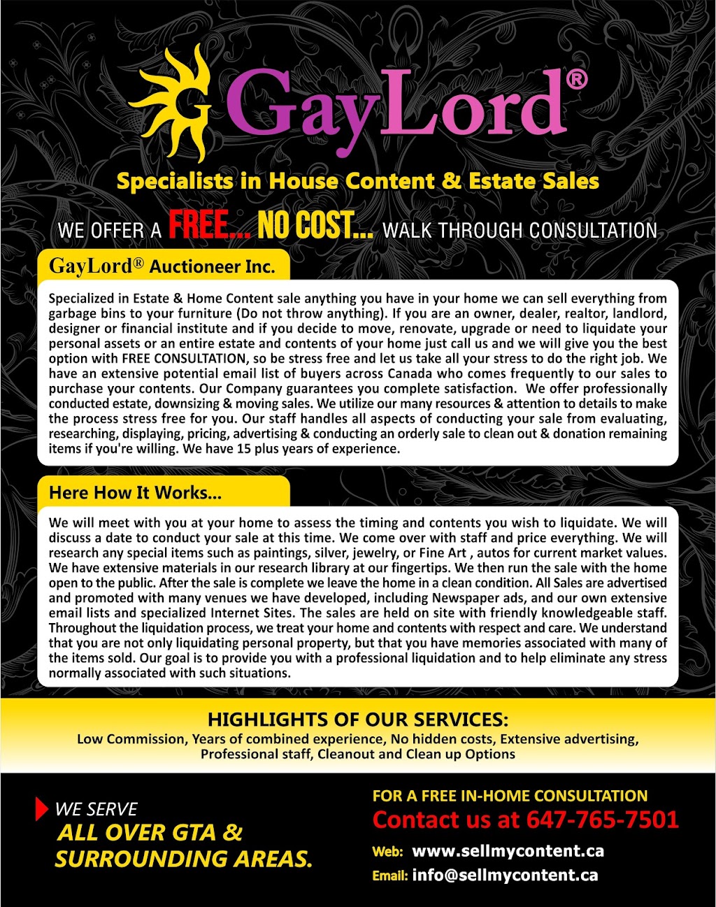 GayLord Estate and Content Sales Toronto, North York, Woodbridge | mailing address only, 105 Bourbon Pl #1, Whitby, ON L1R 3C5, Canada | Phone: (647) 765-7501