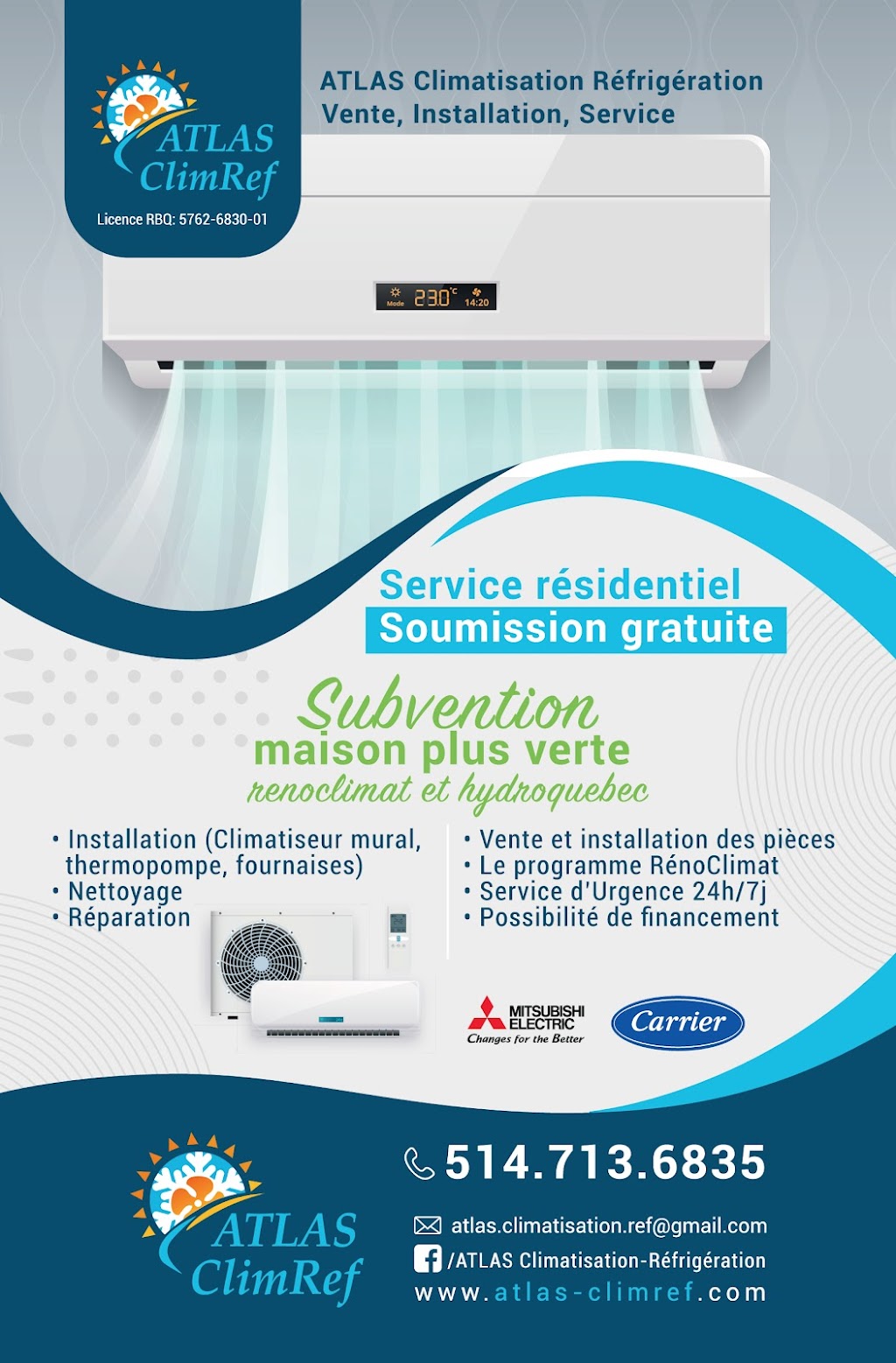 Atlas Climatisation et réfrigération | 991 Av. Desnoyers, Laval, QC H7C 1X4, Canada | Phone: (514) 713-6835