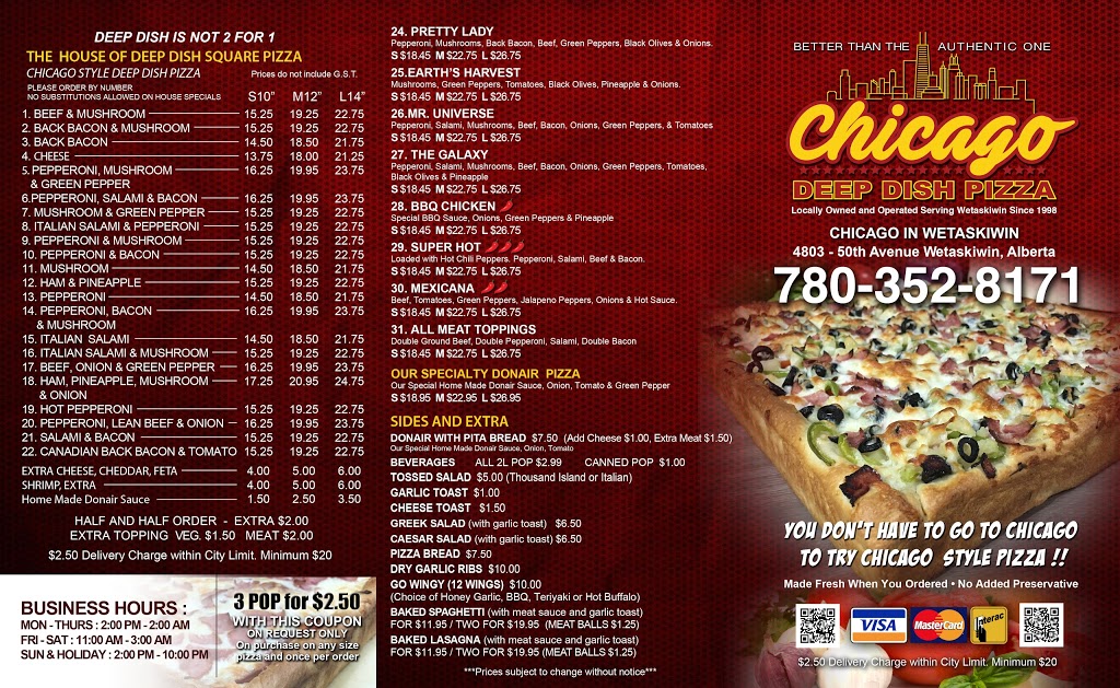 Chicago Deep Dish Pizza | 4803 50 Ave #4803, Wetaskiwin, AB T9A 0S1, Canada | Phone: (780) 352-8171