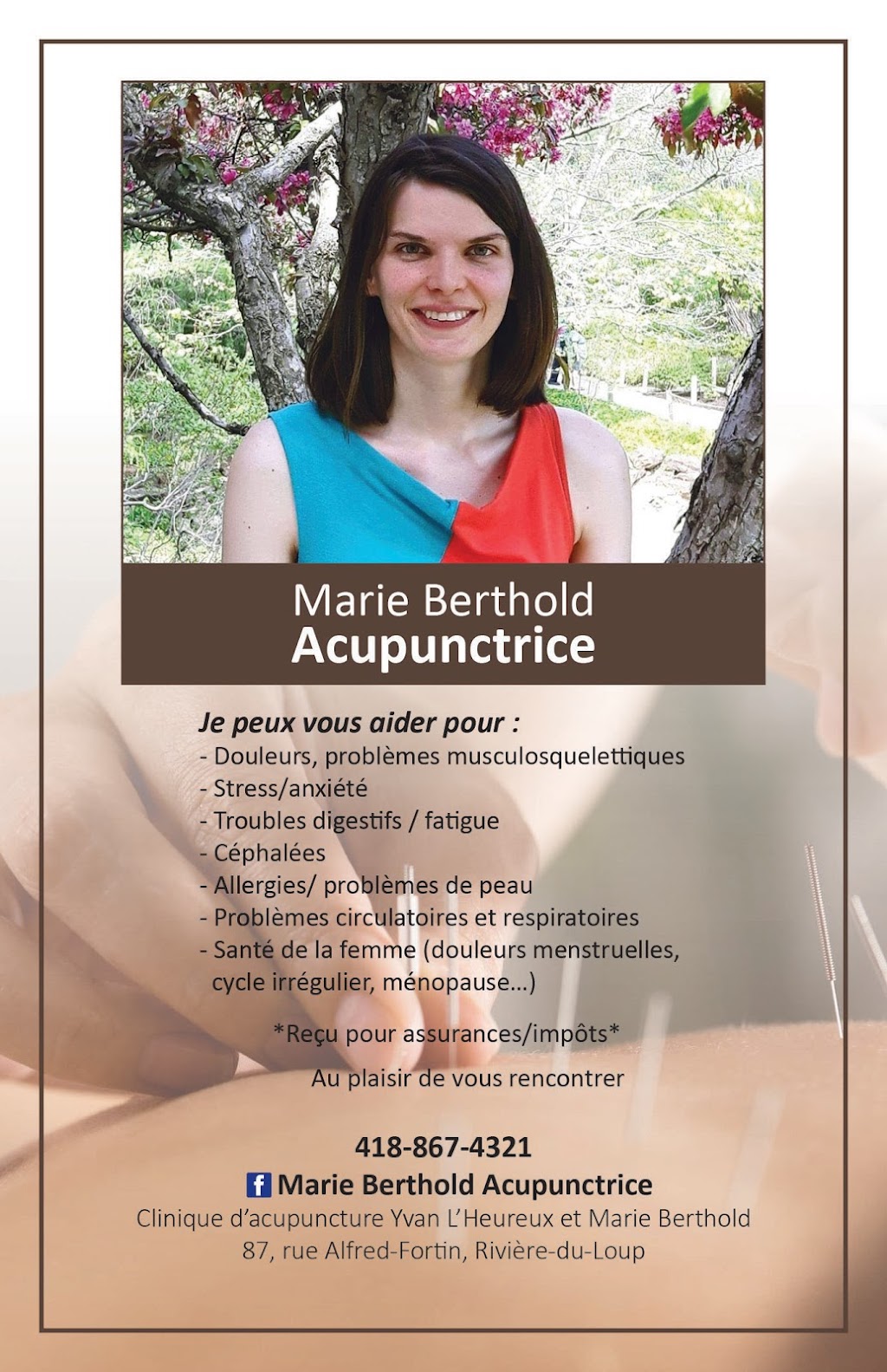 Clinique dacupuncture Yvan LHeureux et Marie Berthold | 87 Rue Alfred Fortin, Rivière-du-Loup, QC G5R 4M9, Canada | Phone: (418) 867-4321