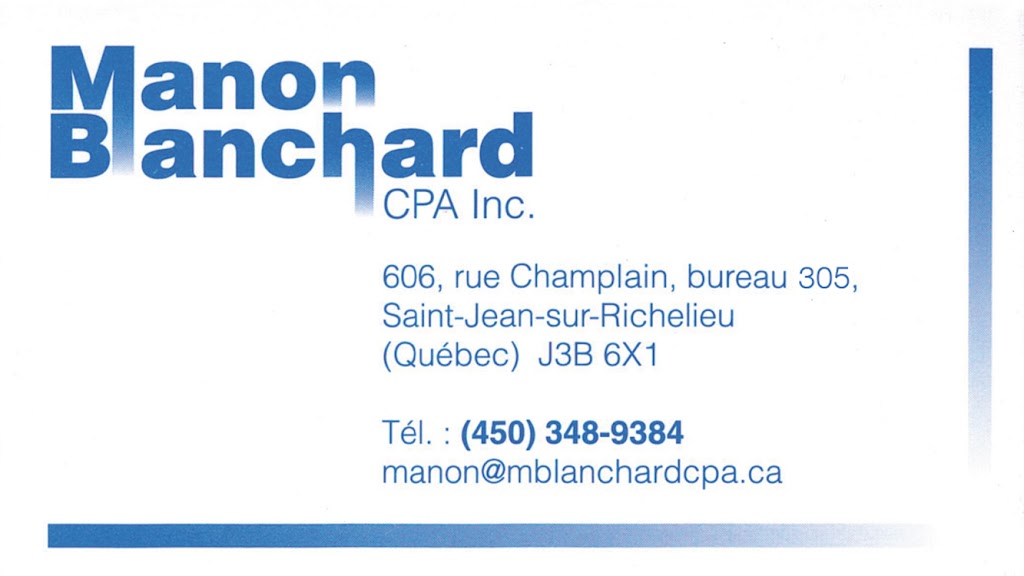 Blanchard Manon C G A | 606 Rue Champlain Local 305, Saint-Jean-sur-Richelieu, QC J3B 6X1, Canada | Phone: (450) 348-9384