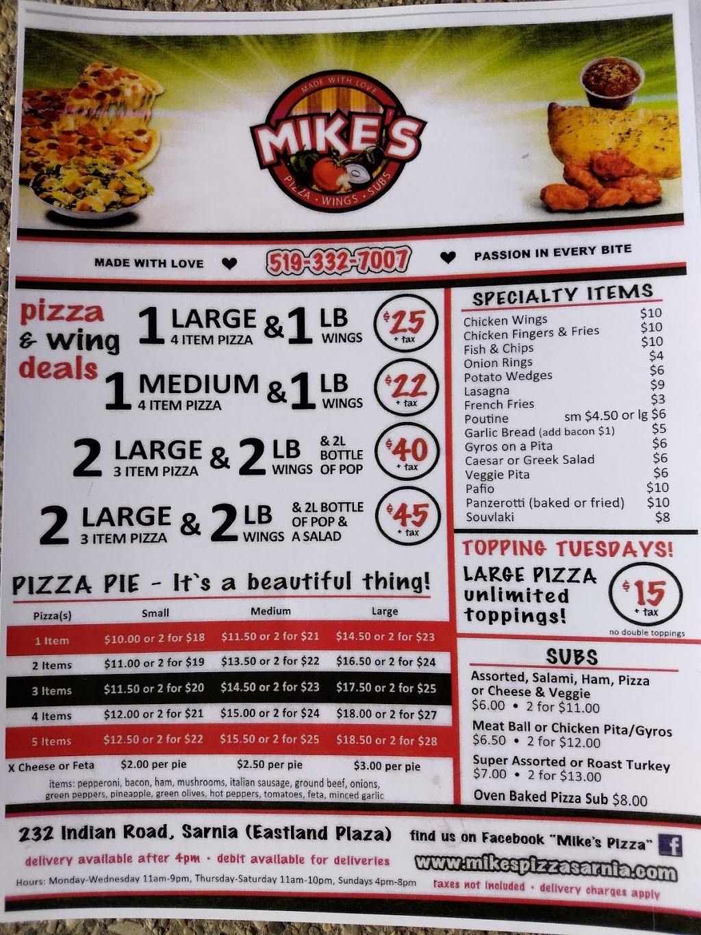 Mikes Pizza & Subs | 232 Indian Rd S, Sarnia, ON N7T 3W4, Canada | Phone: (519) 332-7007