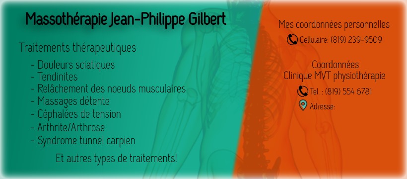 Massothérapie Jean-Philippe Gilbert | 5530 Rue Papineau, Lac-Mégantic, QC G6B 1Y8, Canada | Phone: (819) 239-9509