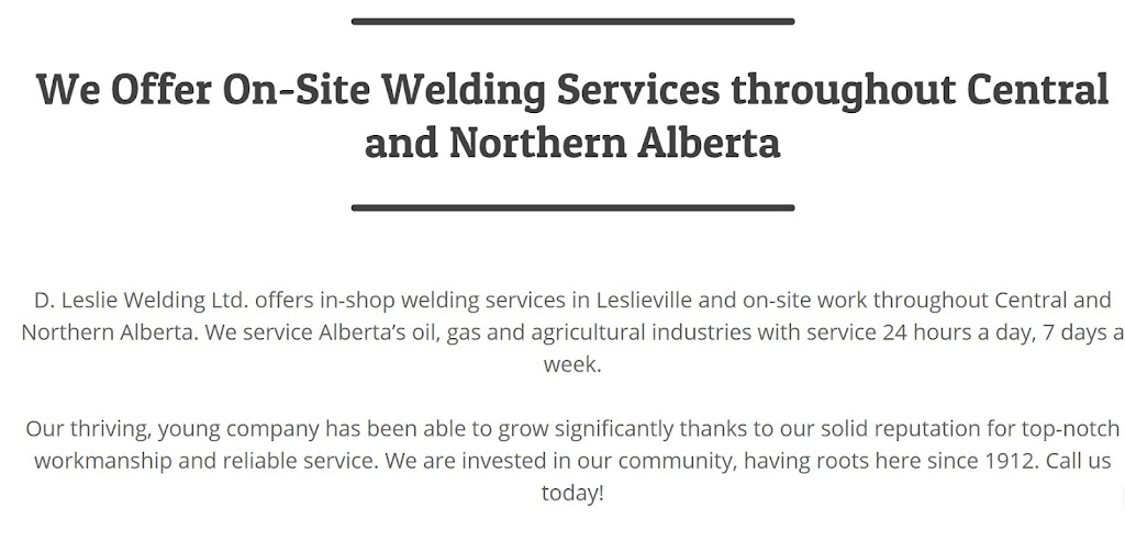 D Leslie Welding | 390045 AB-761, Leslieville, AB T0M 1H0, Canada | Phone: (403) 844-6219