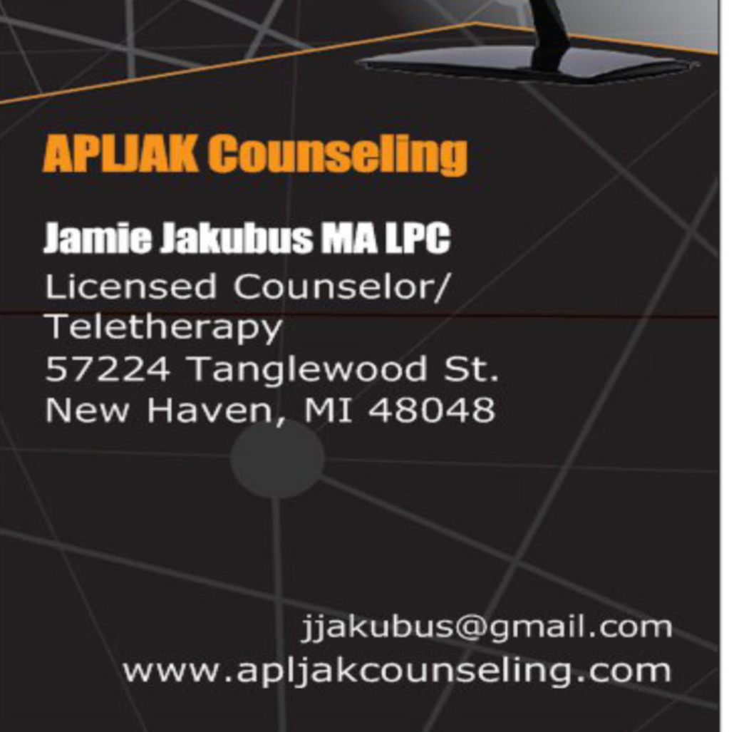 APLJAK Counseling, Jamie Jakubus, MA LPC | 57224 Tanglewood St, New Haven, MI 48048, USA | Phone: (734) 548-1764