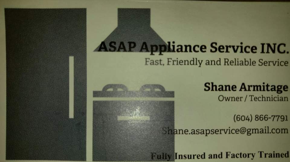 ASAP Appliance Service inc. | 16459 59A Ave, Surrey, BC V3S 6M6, Canada | Phone: (604) 866-7791