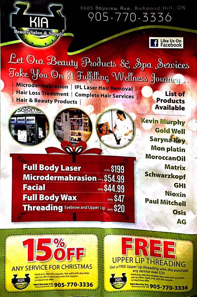 Kia Spa & Hair Salon | 10-9665 Bayview Ave, Richmond Hill, ON L4C 0A2, Canada | Phone: (905) 770-3336