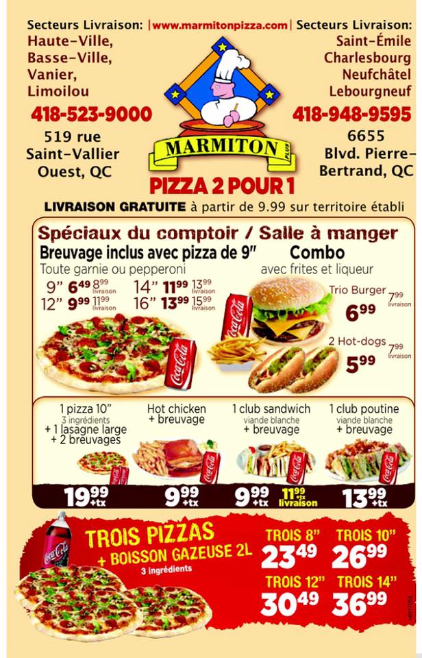 Marmiton Pizza 2 pour 1 | 519 Rue Saint-Vallier O, Québec, QC G1N 1B8, Canada | Phone: (418) 523-9000