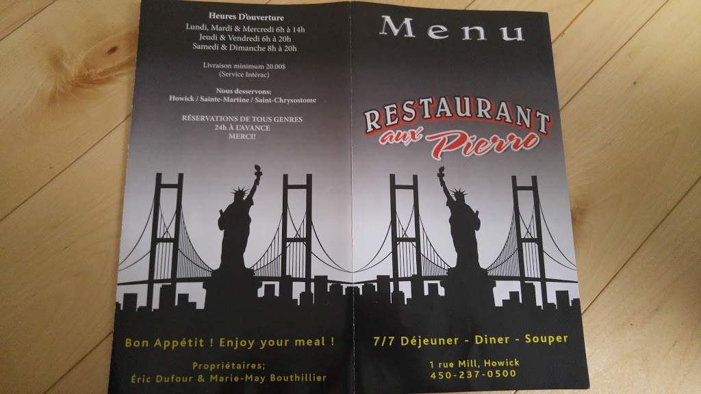 Restaurant Aux Pierro | 1 Rue Mill, Howick, QC J0S 1G0, Canada | Phone: (450) 237-0500