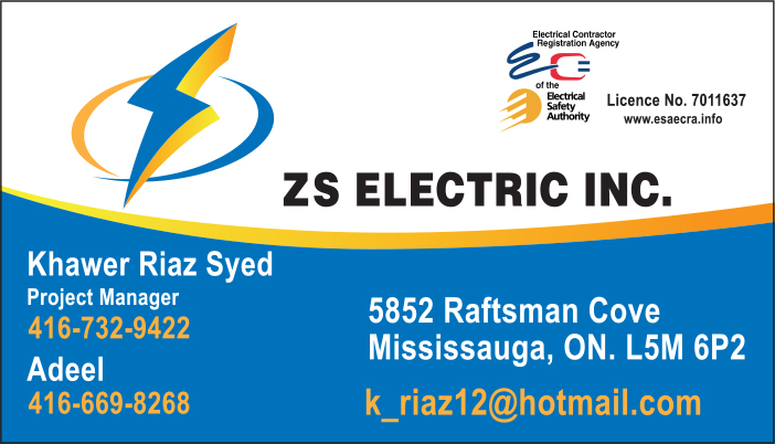 ZS Electric Inc | 1250 Chee Chee Landing, Milton, ON L9E 1L1, Canada | Phone: (416) 732-9422