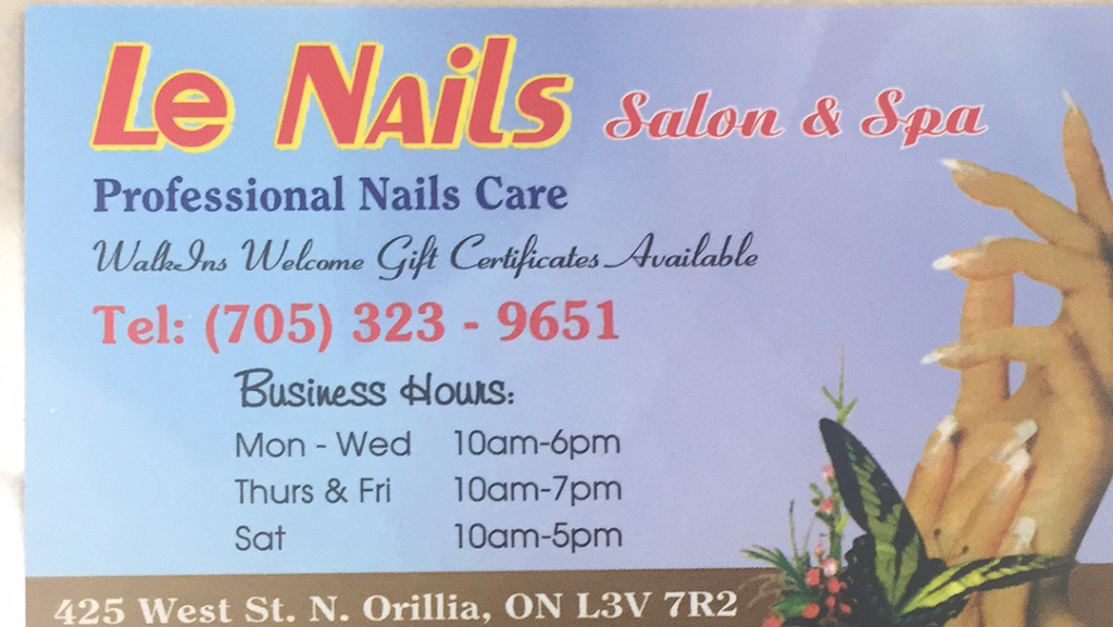 Le Nails | 425 West Street N, Orillia, ON L3V 7R2, Canada | Phone: (705) 323-9651