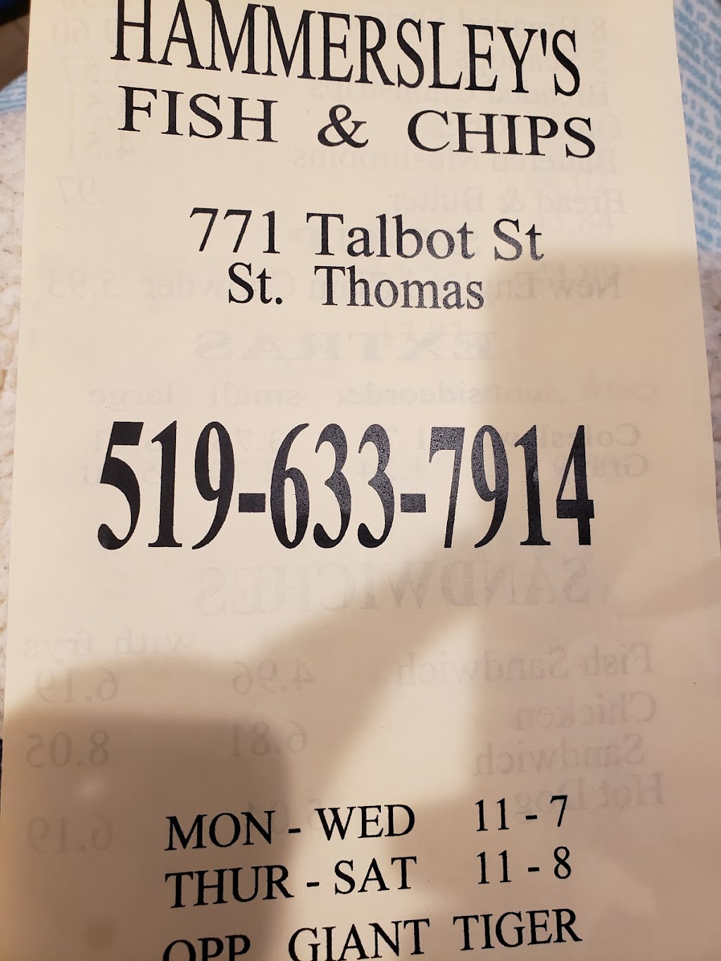 Hammersleys Fish N Chips | 771 Talbot St, St Thomas, ON N5P 1E3, Canada | Phone: (519) 633-7914