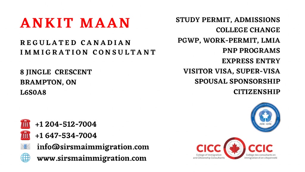 Sirsma Immigration Services Inc. | 8 Jingle Crescent, Brampton, ON L6S 0A8, Canada | Phone: (204) 512-7004