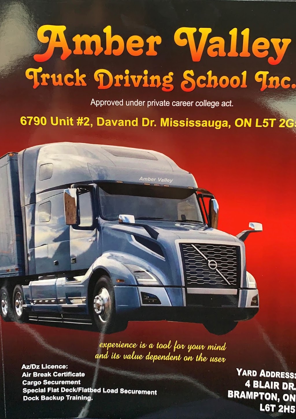 AMBER VALLEY TRUCK DRIVING SCHOOL INC. | 6790 Davand Dr Unit #2, Mississauga, ON L5T 2G4, Canada | Phone: (437) 992-2525