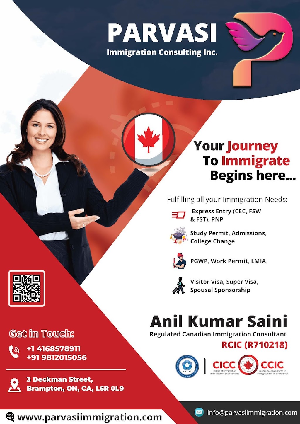 Parvasi immigration Consulting Inc | 3 Deckman St, Brampton, ON L6R 0L9, Canada | Phone: (416) 857-8911