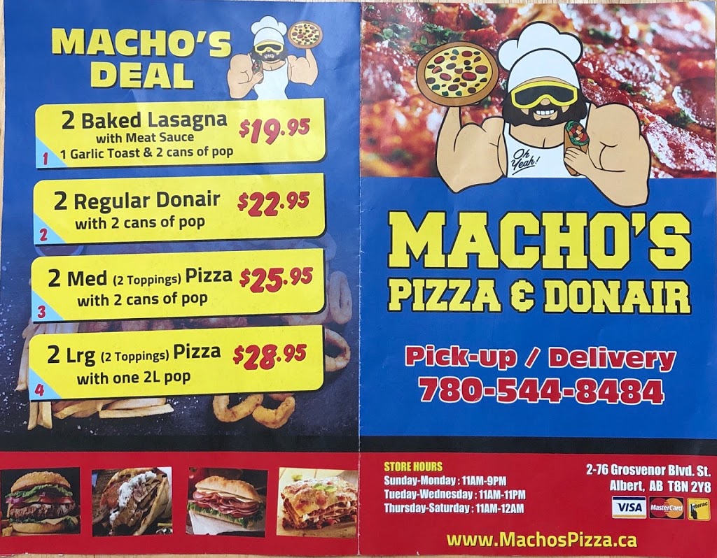 Machos Pizza and Donair | 76 Grosvenor Blvd #2, St. Albert, AB T8N 2Y8, Canada | Phone: (780) 544-8484