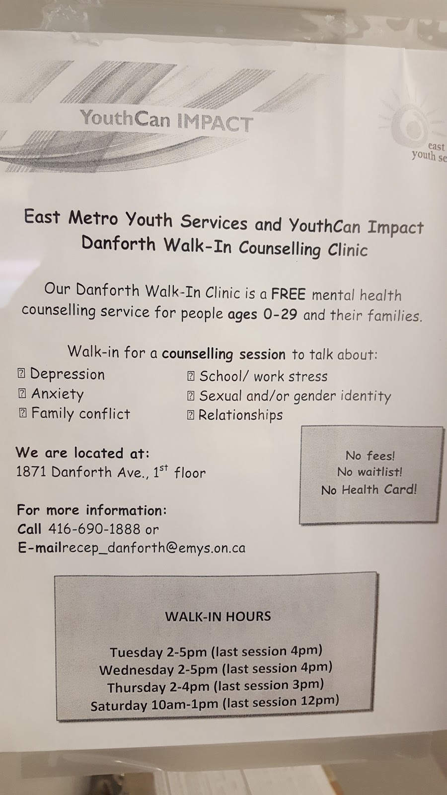 YouthCan Impact & EMYS Mental Health Walk-In Clinic | 815 Danforth Ave, Toronto, ON M4J 1L2, Canada | Phone: (416) 690-1888