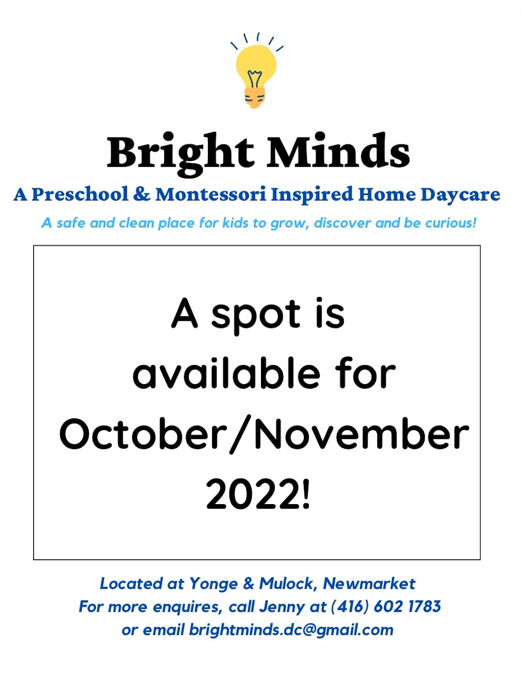 Bright Minds Home Daycare (Preschool & Montessori Inspired) | 126 Coleridge Dr, Newmarket, ON L3X 2T5, Canada | Phone: (416) 602-1783