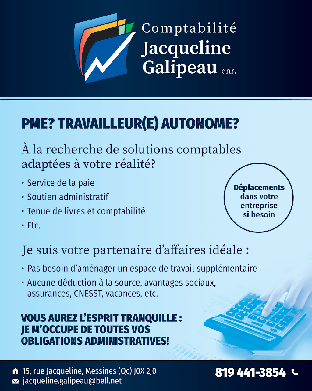 Comptabilité Jacqueline Galipeau enr. | 15 rue Jacqueline, Messines, QC J0X 2J0, Canada | Phone: (819) 441-3854