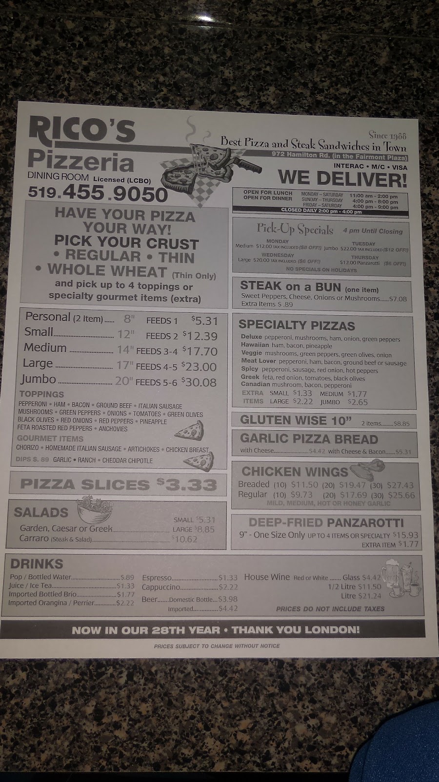 Ricos Pizzeria | 972 Hamilton Rd, London, ON N5W 1V6, Canada | Phone: (519) 455-9050