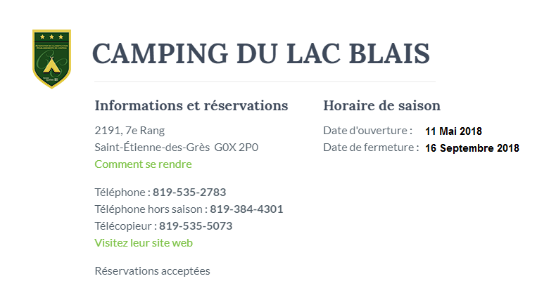 Camping Mauricie Lac Blais | 2191 7e Rang, Saint-Étienne-des-Grès, QC G0X 2P0, Canada | Phone: (819) 535-2783