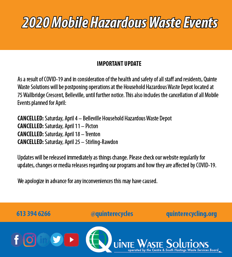 Household Hazardous & Electronic Waste Depot | 75 Wallbridge Crescent, Belleville, ON K8P 1Z5, Canada | Phone: (613) 394-6266