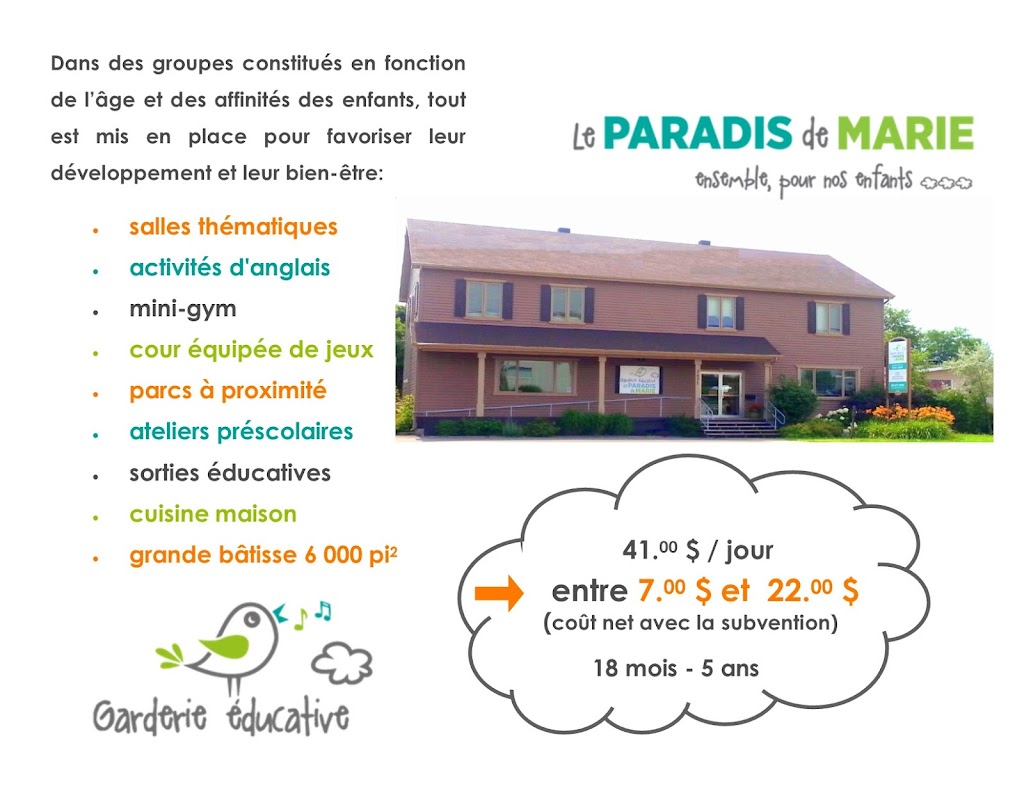 Nursery Educational Le Paradis De Marie | 7671 Bd Wilfrid-Hamel, Québec, QC G2G 1C3, Canada | Phone: (418) 977-2999