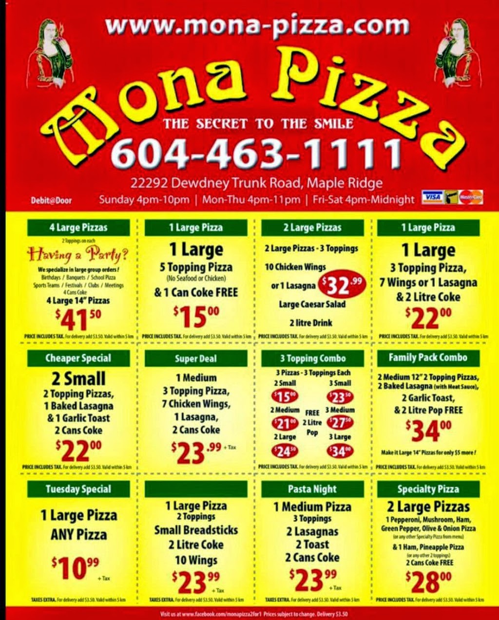 Mona Pizza and pasta | 22292 Dewdney Trunk Rd, Maple Ridge, BC V2X 3H9, Canada | Phone: (604) 463-1111