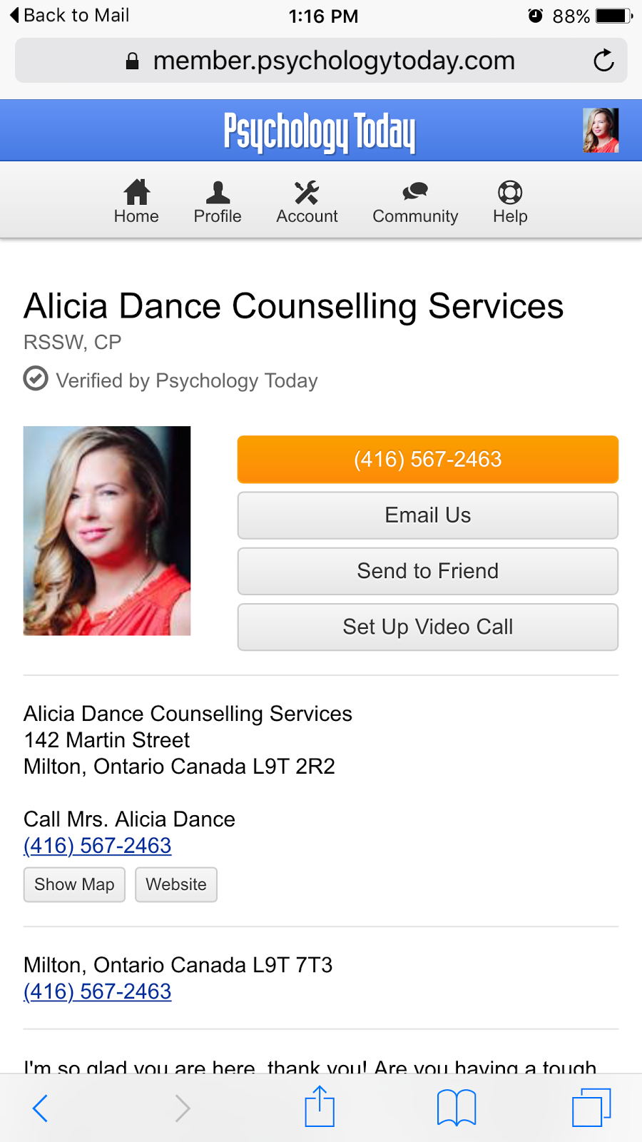 Alicia Dance Counselling Services | 142 Martin St, Milton, ON L9T 2R2, Canada | Phone: (416) 567-2463
