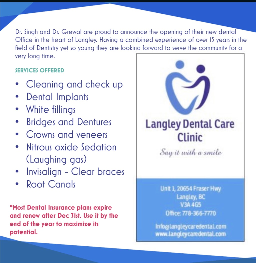 Langley Dental Care Clinic | 20654 Fraser Hwy Unit #1, Langley City, BC V3A 4G5, Canada | Phone: (778) 366-7770