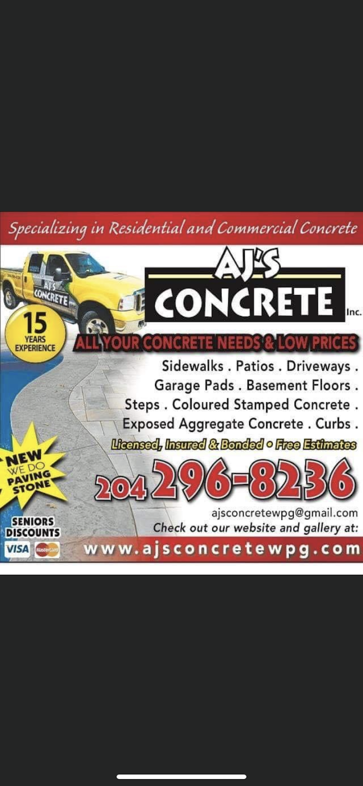 AJs Concrete Inc | 6 Stephens Ln, West Saint Paul, MB R4A 0A1, Canada | Phone: (204) 296-8236