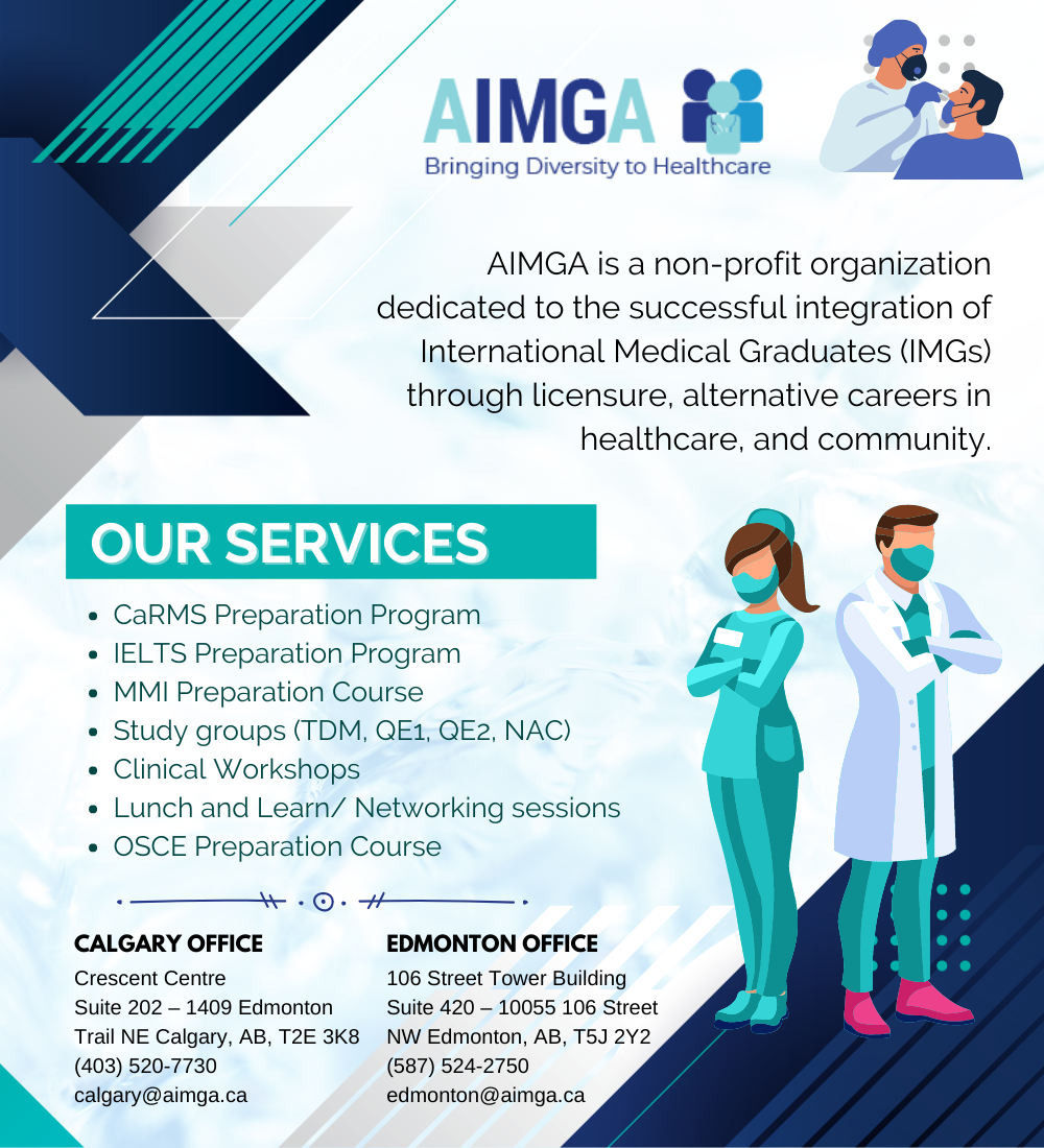 Alberta International Medical Graduates Association (AIMGA) | 1409 Edmonton Trail, Calgary, AB T2E 3K8, Canada | Phone: (403) 520-7730