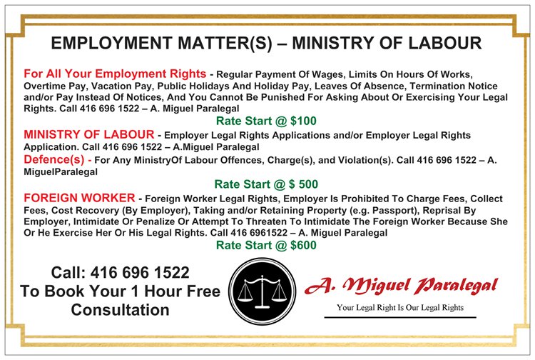 A. Miguel Paralegal | 37 Racine Rd Unit 1 - Suite 106, Etobicoke, ON M9W 2Z4, Canada | Phone: (416) 696-1522