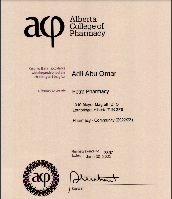 Petra Pharmacy | 1010 Mayor Magrath Dr S, Lethbridge, AB T1K 2P8, Canada | Phone: (403) 942-3731