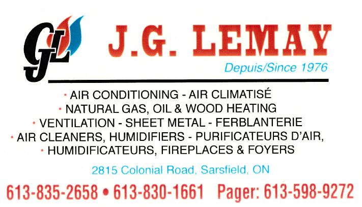 Lemay J G Heating & Air Conditioning | 2815 Colonial Rd, Sarsfield, ON K0A 3E0, Canada | Phone: (613) 835-2658