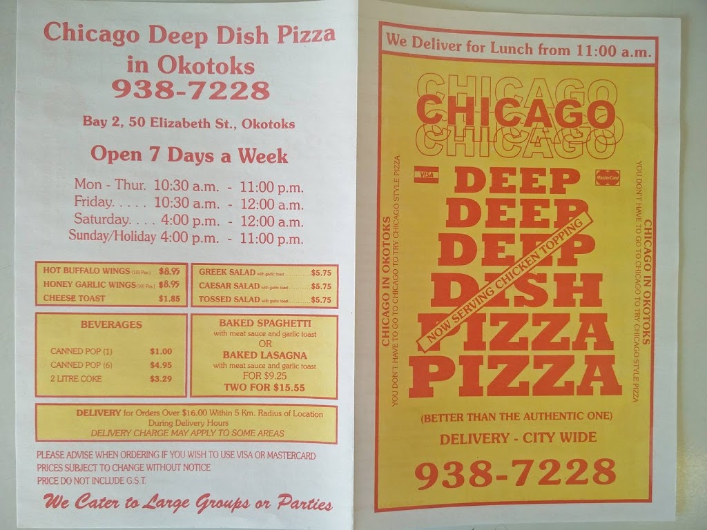 Chicago Deep Dish Pizza Okotoks (Closed from June 24 - July 9th) | 50 Elizabeth St, Okotoks, AB T1S 1B2, Canada | Phone: (403) 938-7228