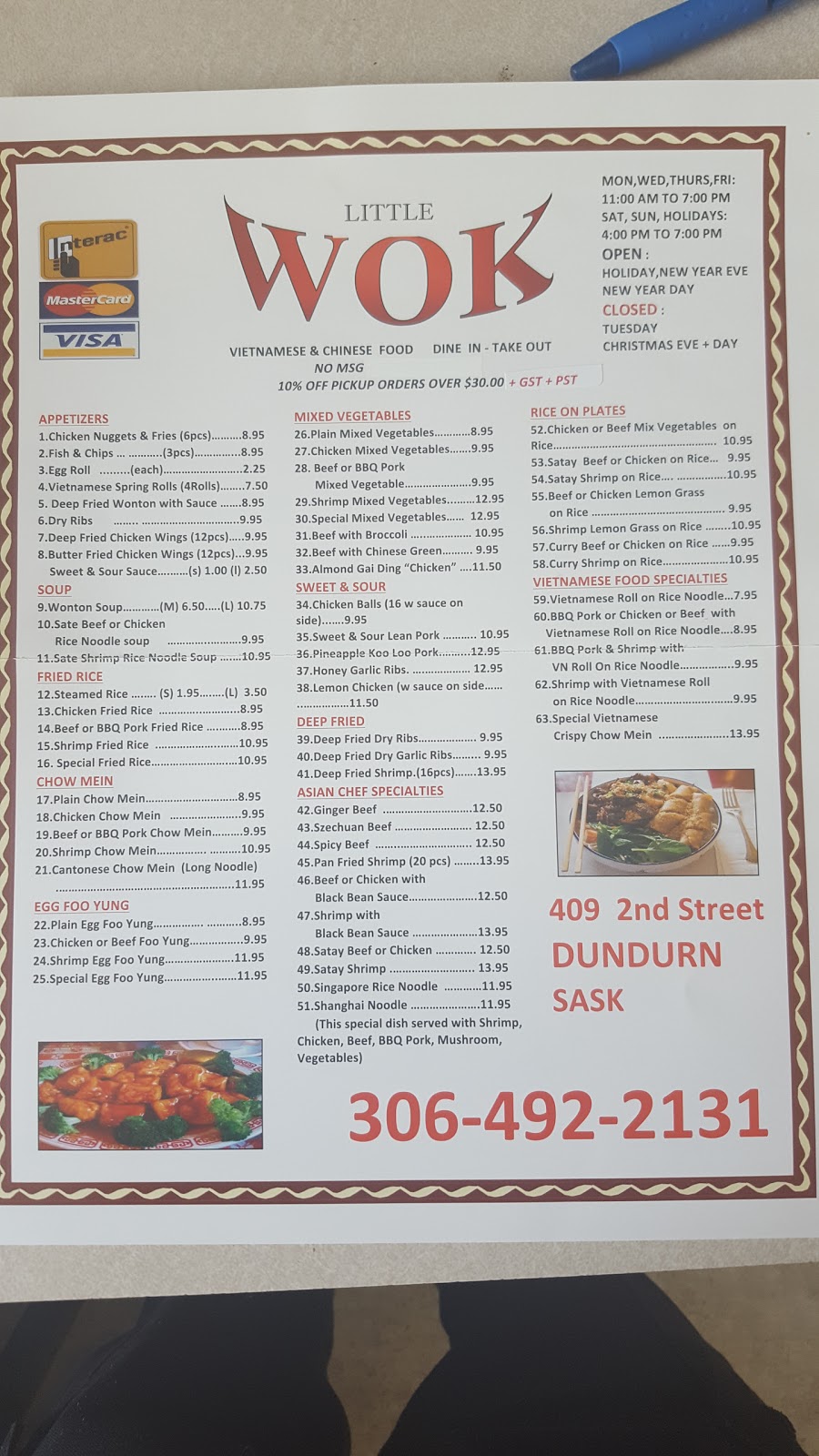 Little Wok | 409 2nd St, Dundurn, SK S0K 1K0, Canada | Phone: (306) 492-2131