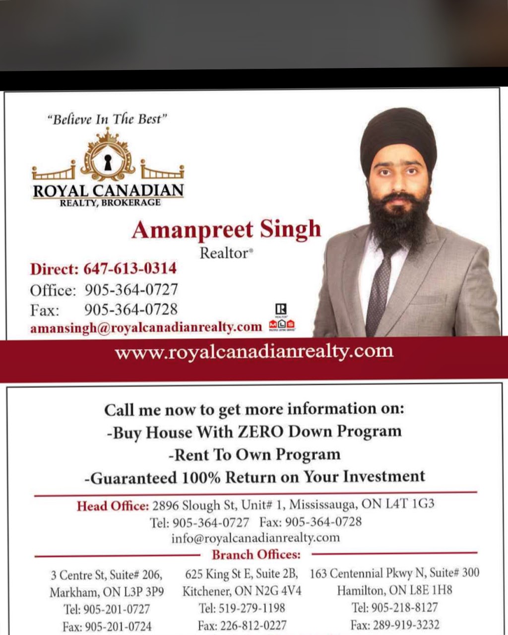 Realtor Amanpreet Singh | 2896 Slough St Unit 1, Mississauga, ON L4T 1G3, Canada | Phone: (647) 613-0314