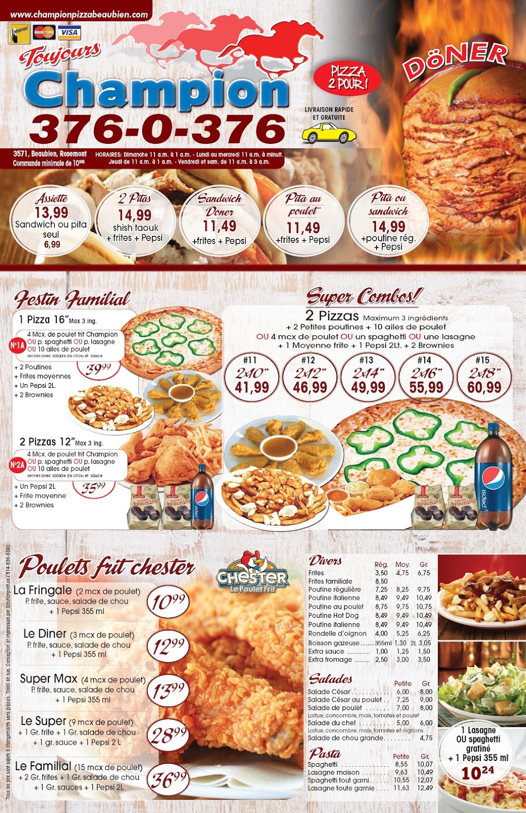 Champion Pizza - Rosemont | 3571 Rue Beaubien E, Montréal, QC H1X 1H1, Canada | Phone: (514) 376-0376