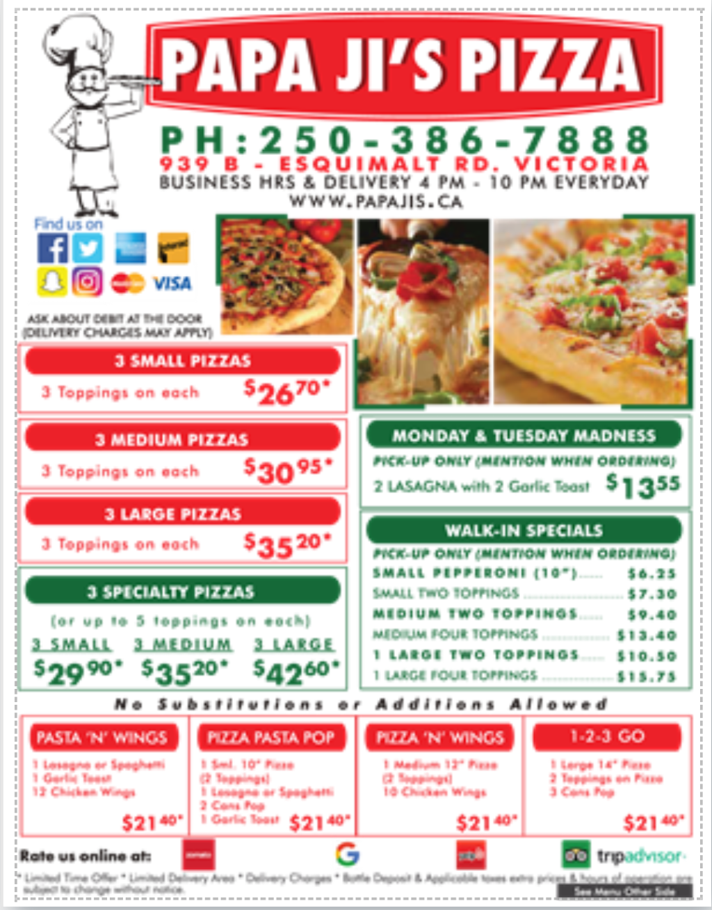 Papa Jis Pizza | 939 Esquimalt Rd B, Victoria, BC V9A 3M7, Canada | Phone: (250) 386-7888