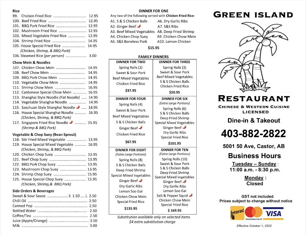 Green Island Restaurant | 5001 50 Ave, Castor, AB T0C 0X0, Canada | Phone: (403) 882-2822