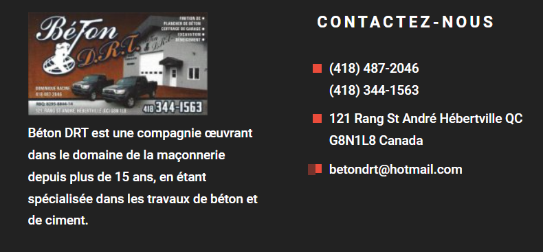 Béton D.R.T | 121 Rang St André, Hébertville, QC G8N 1L8, Canada | Phone: (418) 344-1563