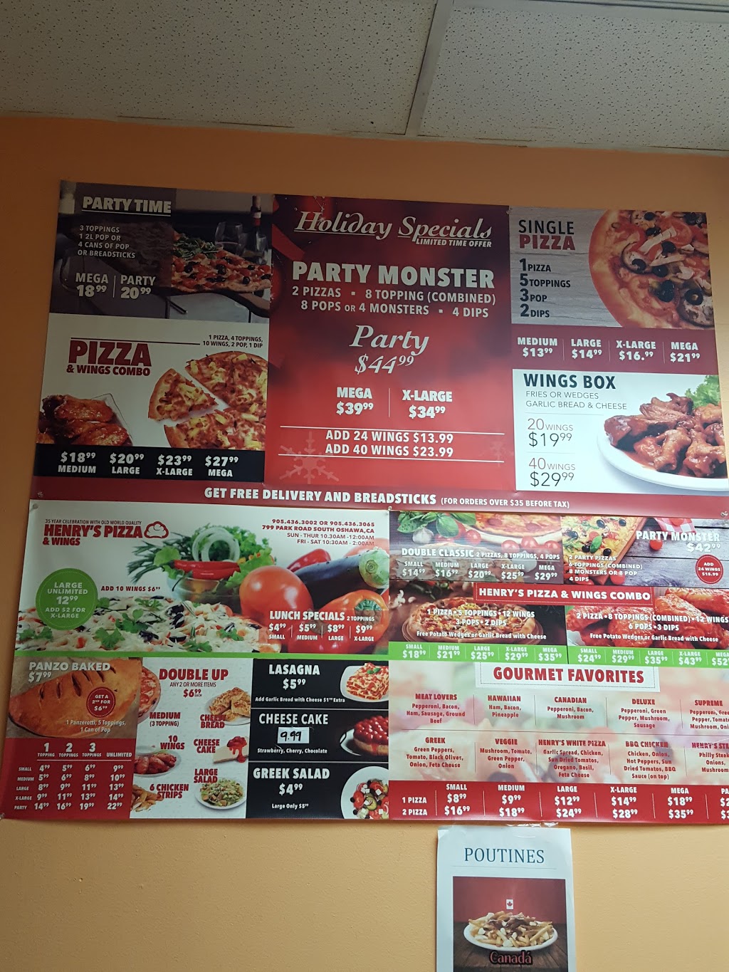 Henrys Pizza & Wings | 799 Park Rd S, Oshawa, ON L1J 4K1, Canada | Phone: (905) 436-3002