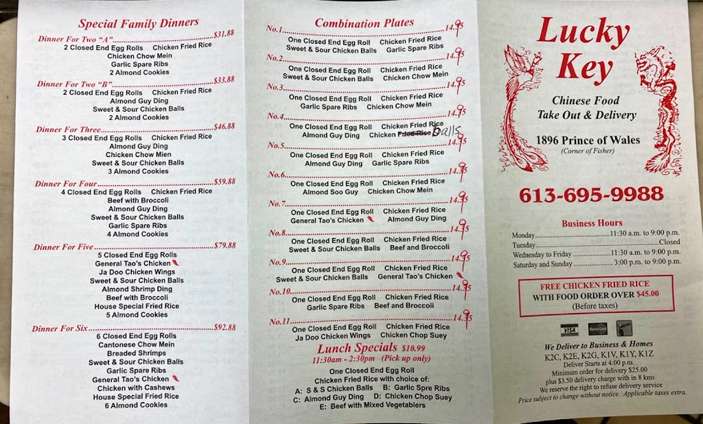 Lucky Key Chinese Restaurant | 1896 Prince of Wales Dr, Nepean, ON K2C 3J7, Canada | Phone: (613) 695-9988