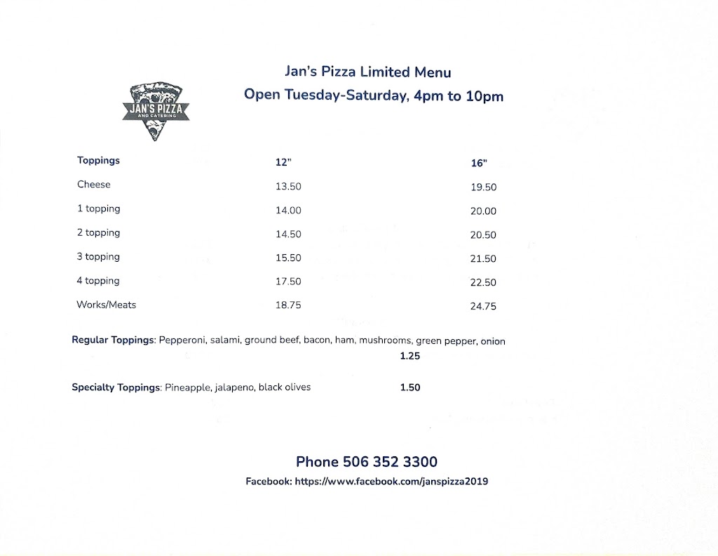 Jans Pizza | 1931 Micmac Rd, Red Bank, NB E9E 1B6, Canada | Phone: (506) 352-3300