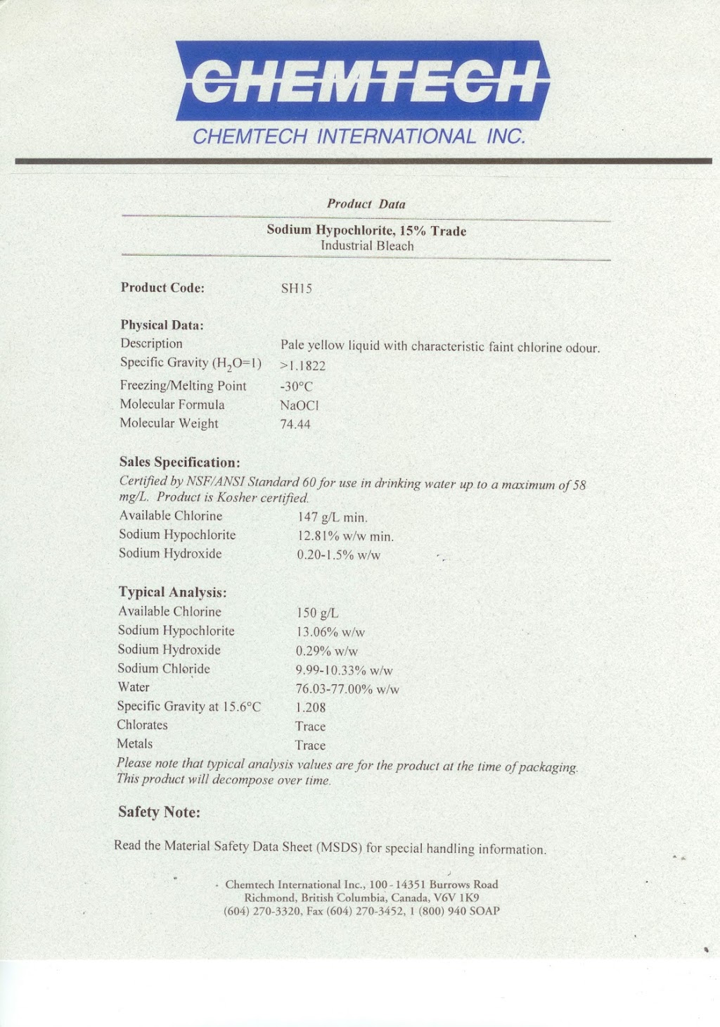 Chemtech International Inc | 2460 Shell Rd, Richmond, BC V6X 2P1, Canada | Phone: (604) 270-3320