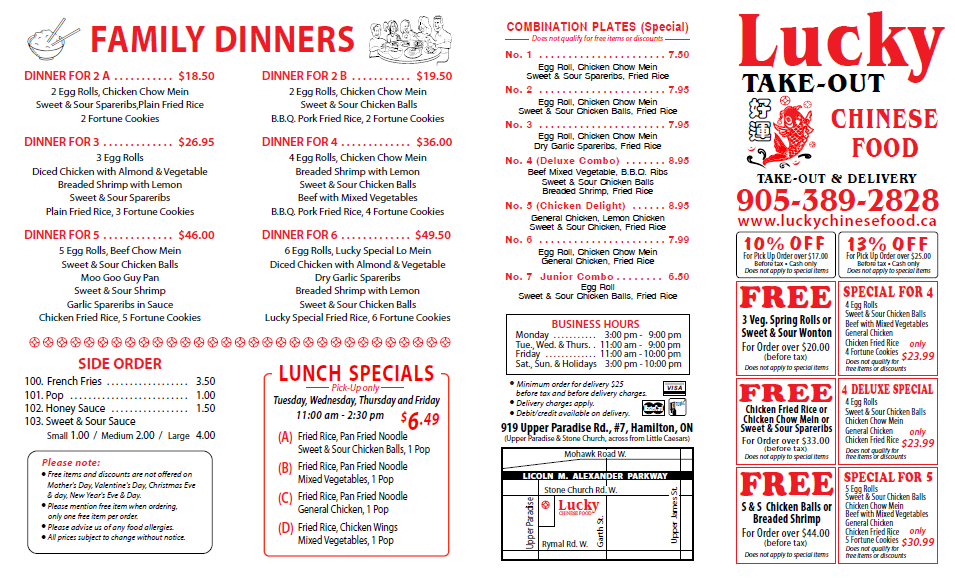 Lucky Chinese Food Takeout | 919 Upper Paradise Rd, Hamilton, ON L9B 2M9, Canada | Phone: (905) 389-2828