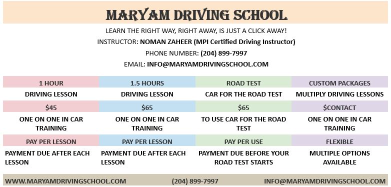 MARYAM DRIVING SCHOOL | 227 Stan Bailie Dr, Winnipeg, MB R3Y 0R8, Canada | Phone: (204) 899-7997