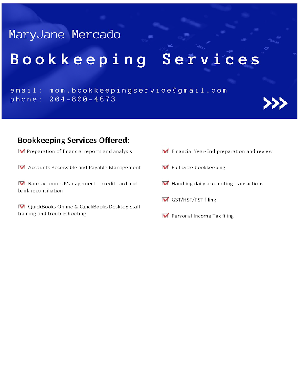 MaryJane Mercado Bookkeeping Services | 48 Kootenay Crescent, Winnipeg, MB R2C 2X6, Canada | Phone: (204) 800-4873